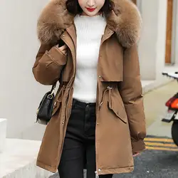 Windbreaker Style Women Cotton Coat Faux Fur Collar Hooded Zipper Closure Coat Cotton Jacket Fashion Thickened Long Lady Parkas