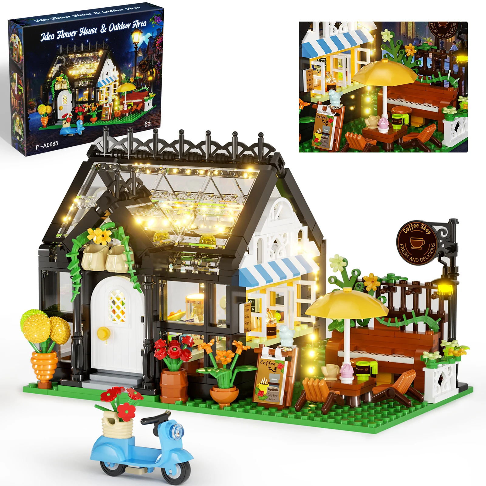 

Creative Flower House Building Block Set DIY Greenhouse Coffee Shop Architecture Kit Birthday Gift Christmas Home Decoration