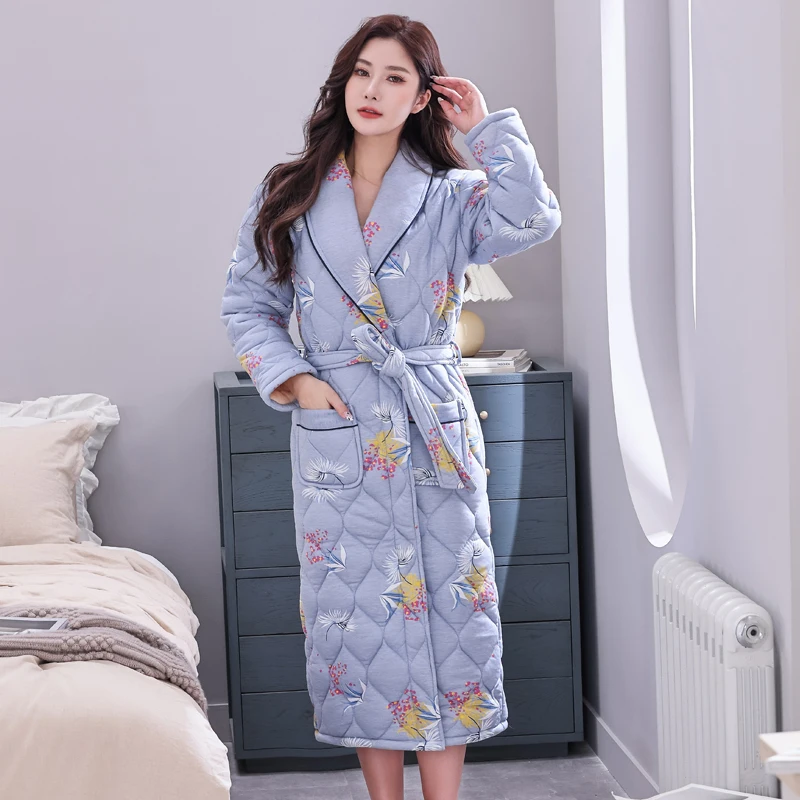 Women Floral Print Bath Robe 3 Layers Quilted Sleepwear Autumn Winter Cotton Bathrobe Thicken Warm Female Robe Nightgown M-3XL