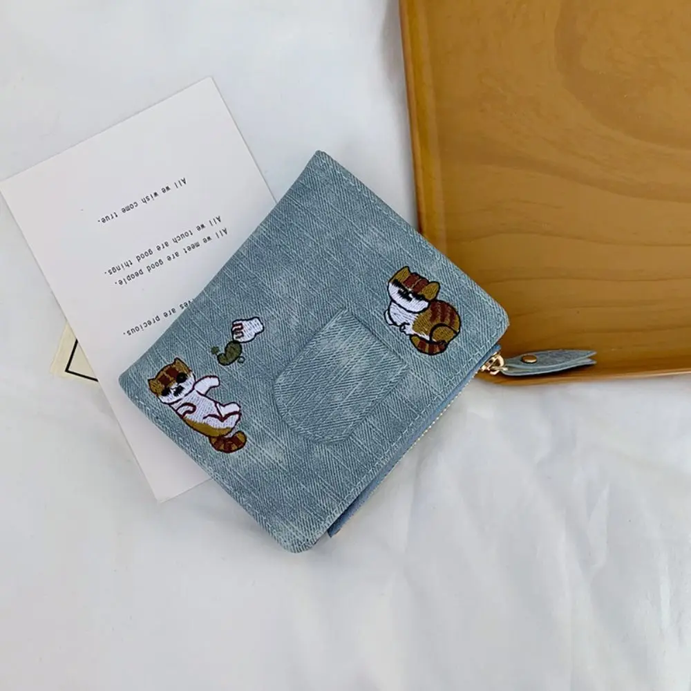 بسيطة الكورية نمط المطرزة القط المحفظة رقيقة جدا محفظة عملة الحقيبة سستة قصيرة مخلب قماش حافظة للبطاقات السفر
