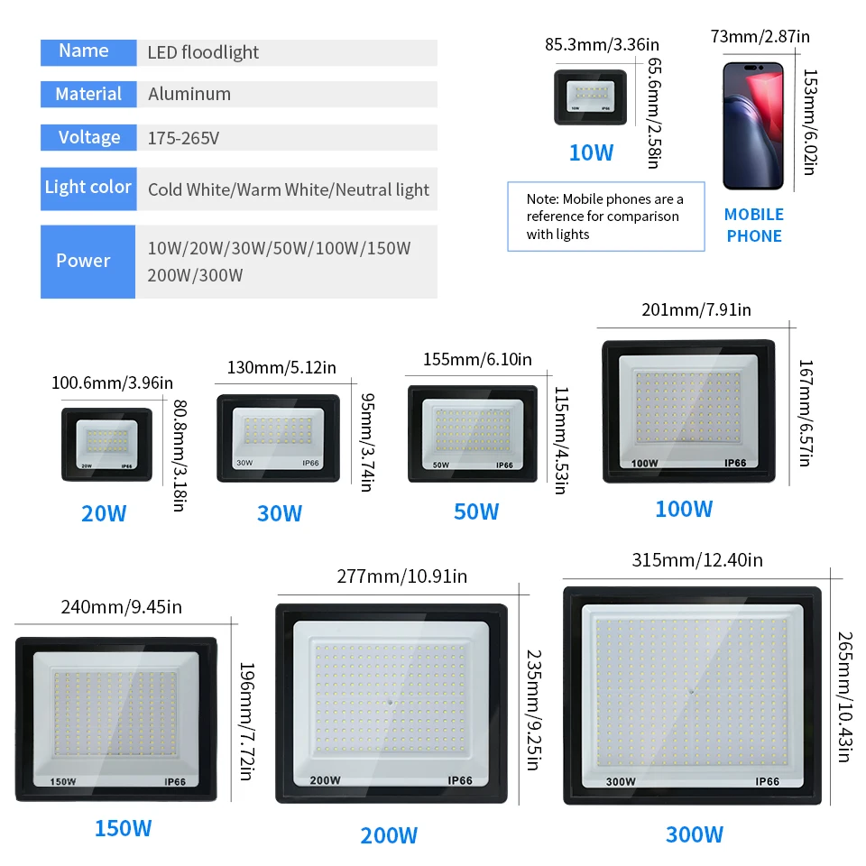Outdoor Waterproof Light Spotlight LED Floodlight AC220/110V 10/20/30/50/100/150/200/300W Outdoor Garden Porch Courtyard Lamp