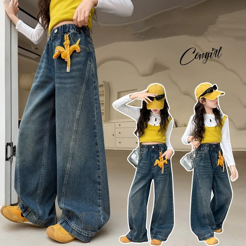 

Girls Jeans Age 4-14Y Teen Loose Denim Teenage Vintage Trousers Toddler Girl Casual Fashion Blue Denim Bottom Kid Y2k Long Pants
