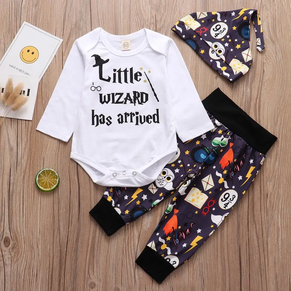 3PCS Newborn Baby Clothes Set 2024 Halloween Little Wizard Letter Printed Romper+Pants+Hat