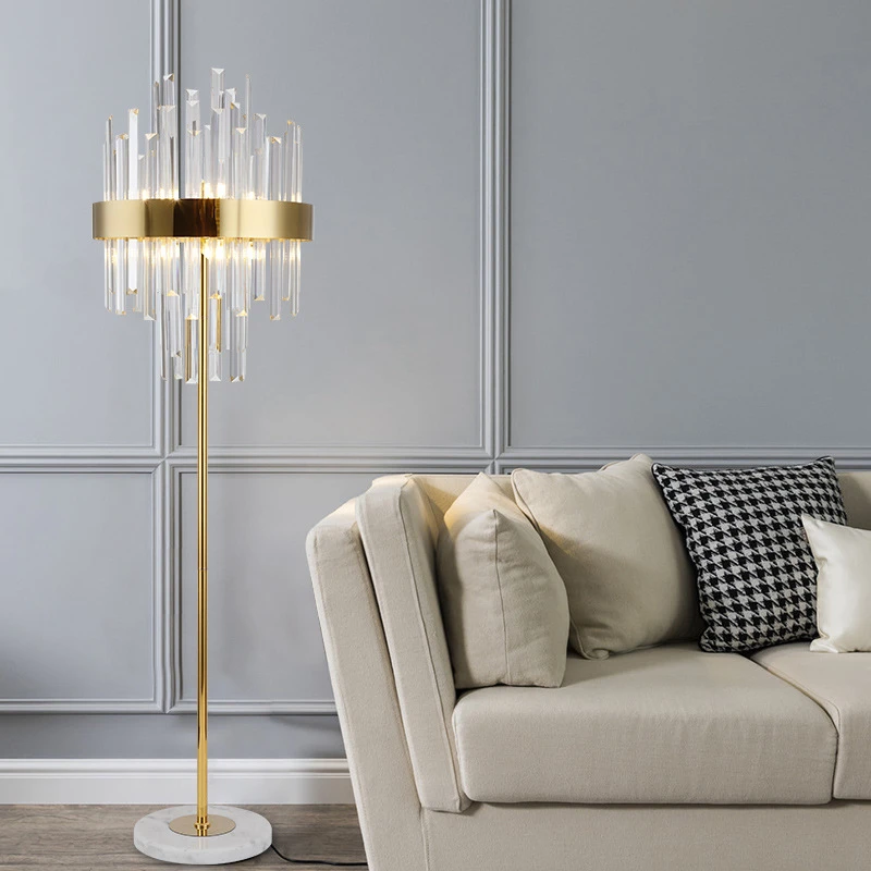 Post-modern Crystal Golden Floor Lamps Nordic Light Luxury Cafe Hotel Living Room Stand Light Fixtures LED Art Deco Bedroom Lamp