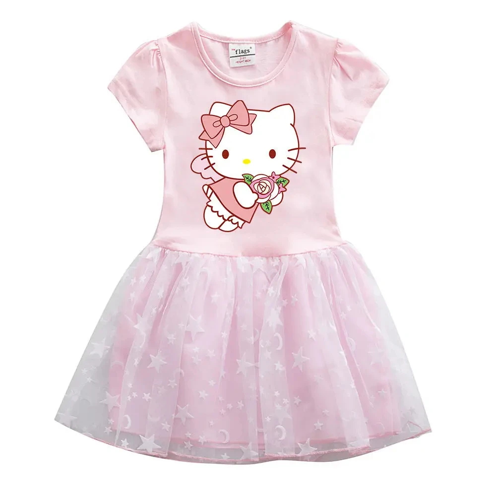 

Summer New Korean Sanio Hello Kitty Kuromi Dress for Girls Kids Cartoon Short Sleeve Mesh Starry Sky Princess Vestidos Clothing