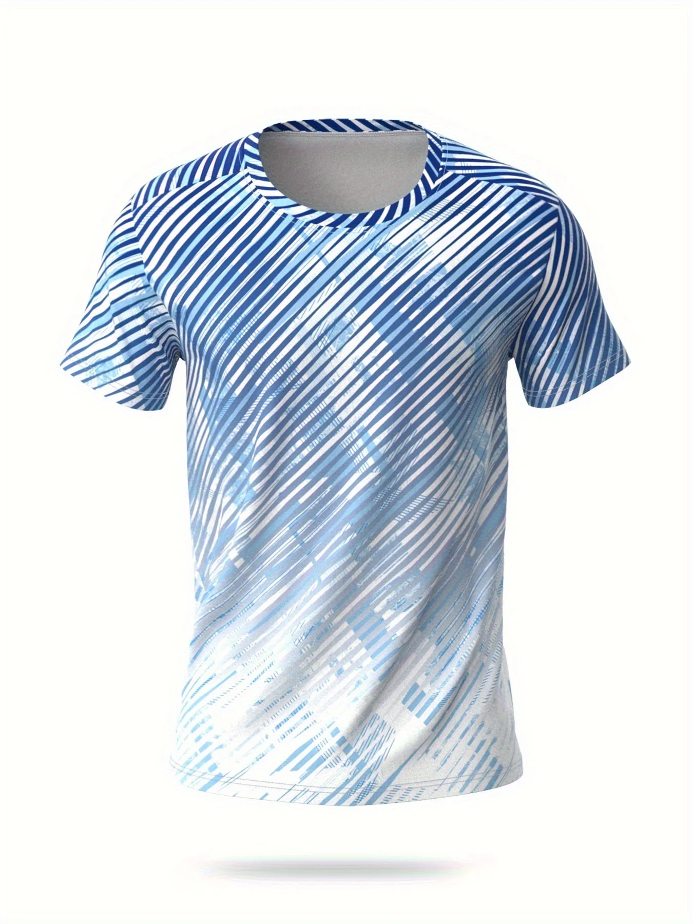 Men Sports Raglan Short Sleeve T-shirt High Elastic Quick Dry Blue Diagonal Gradient Stripe Print Breathable Training Top