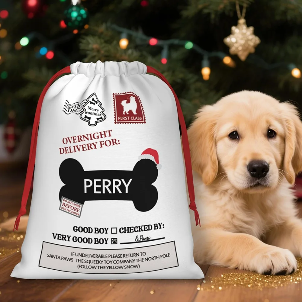 

Custom Santa Claus Sack Christmas Bag for Dog Personalized Xmas Drawstring Gift Bags for Puppy Present Pouch Delivery From Santa