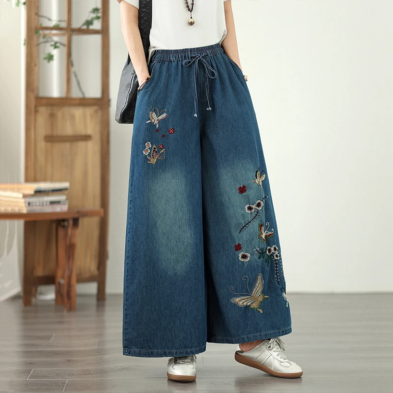 5912 Good Quality Chinese Style Butterfly Embroidery Wide Leg Jeans Women Spring Fall Fashion Thin Soft Comfortable Denim Pants
