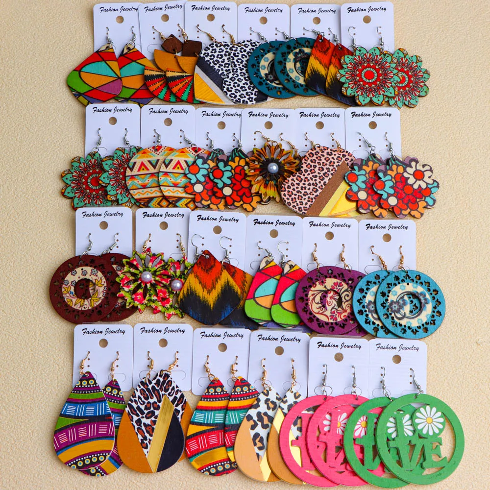 10 زوج/وحدة موضة أنيقة العرقية هندسية متعدد الألوان أقراط خشبية للنساء عطلة يومية مجوهرات اكسسوارات هدايا الحفلات