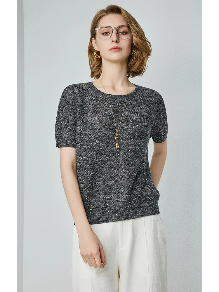 UNQ Dreamy 'Tianxing' Hemp Segment Dyeing Linen Yarn Loose round Neck Knitted Short Sleeve Top Women's Casual Fashion Spring ...