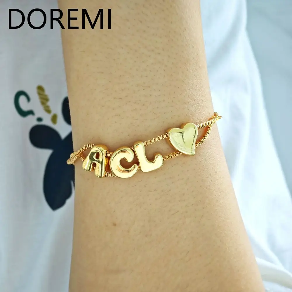 DOREMI Plain Letters Bubble Fat Initial Letter Name Bracelet Slide Beads Women Gold Bubble Custom Letter Bracelet Gift
