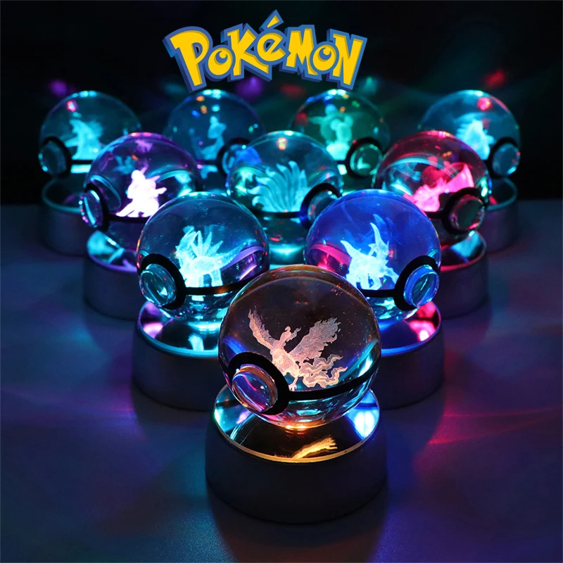 Pokemon 3D Crystal Ball Figure Toys Pokeball Charizard Gengar Glaceon Gyarados Mewtwo Moltres Model With Led Light Base Dolls