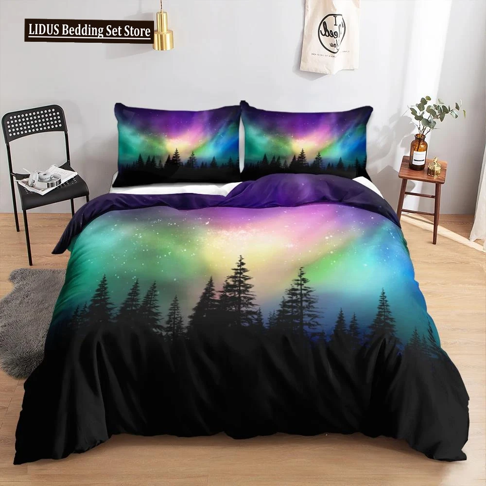 

Antarctic Aurora King Queen Duvet Cover Colorful Sky Polar Lights Bedding Set Smoky Mountain Forest Soft 2/3pcs Comforter Cover