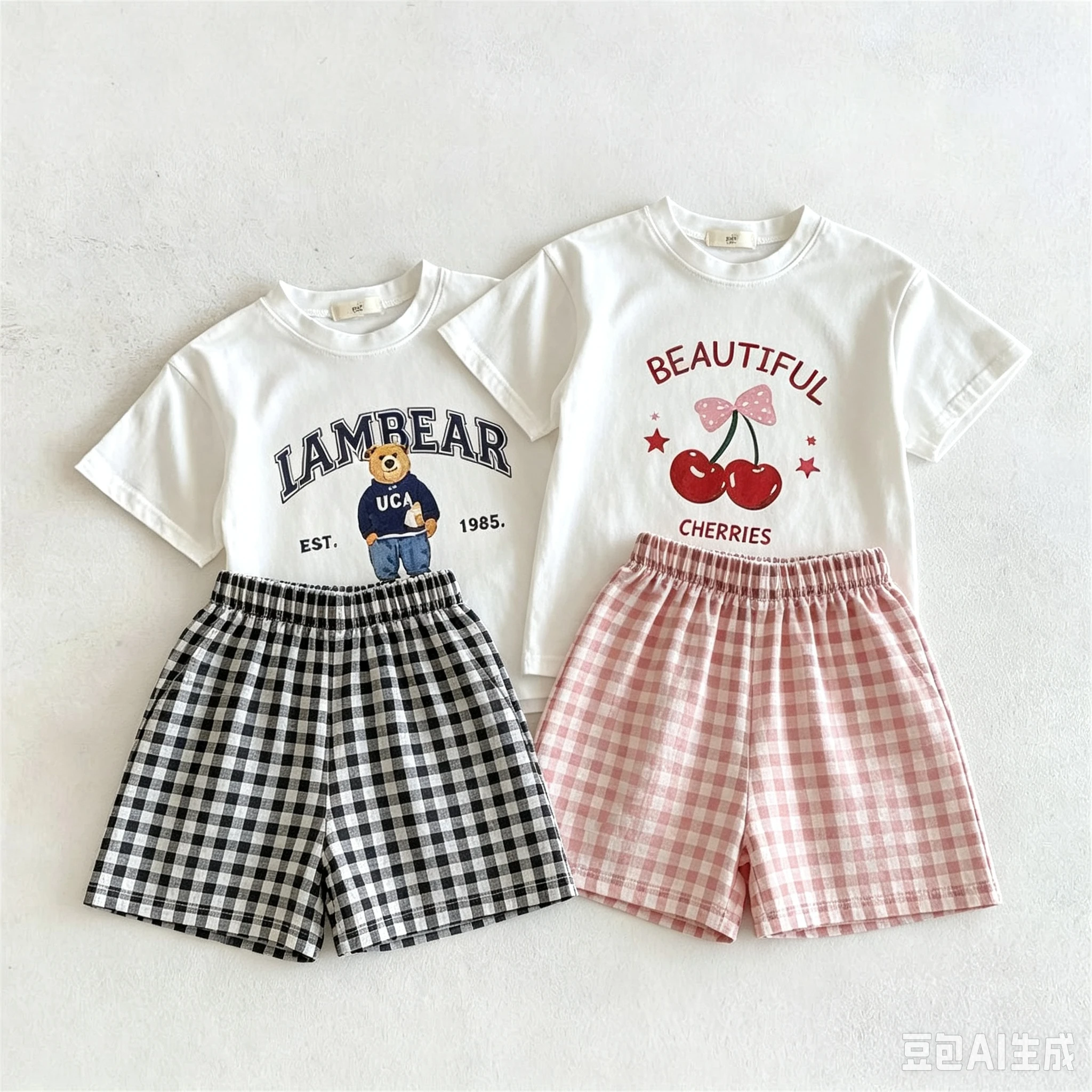 Simple Fashion Kids Short Sleeve Suit Print T-shirt + Plaid Shorts Summer Clothes Outfits Children Casual Tracksuits 2pc/set