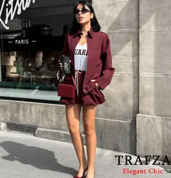 TRAFZA-Women Fashion Skirt Jacket Set Zipper Jacket Mini Lantern Skirt 2 Pieces Set New 2024 Autumn Casual Versatile Female Set