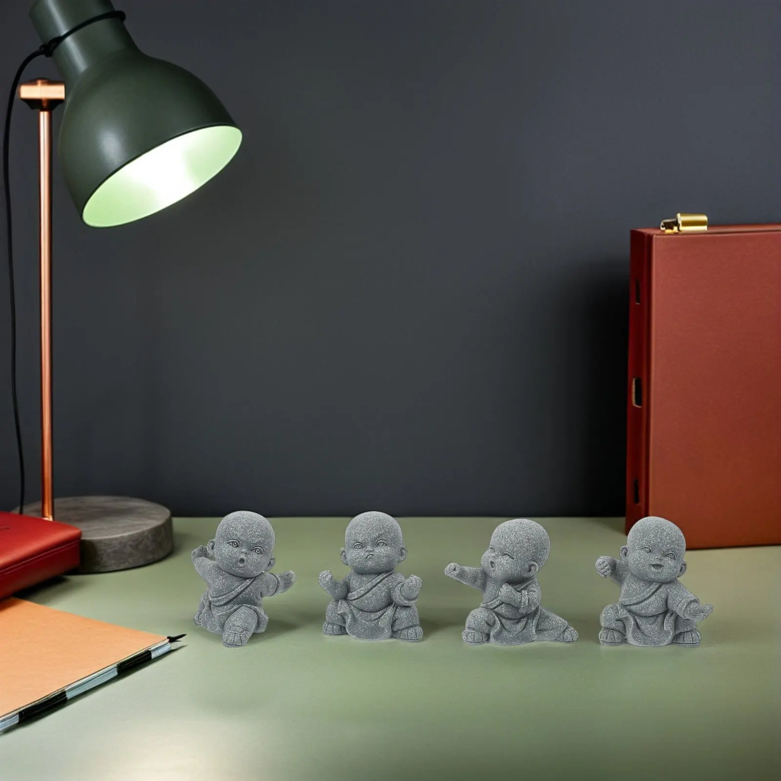 

Набор из 4 статуэток Будды и монаха Кунг-фу из натурального песчаника для фэн-шуй, декор для рабочего стола, полки, дзен-сада, приборной панели автомобиля