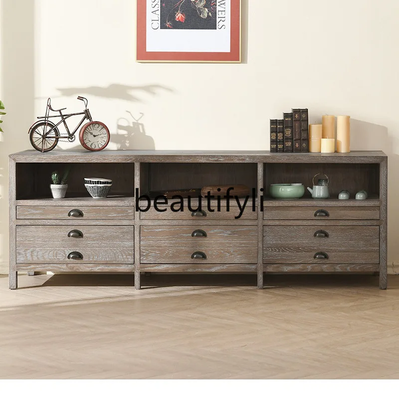 

American Country Style North American White Oak TV Cabinet Solid Wood Vintage Distressed Storage Cabinet