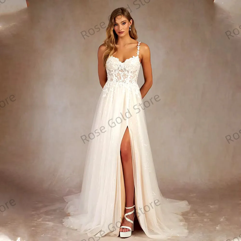 Abiti da sposa bianchi con illusione trasparente Collo alto senza maniche Abiti in tulle Abiti da sposa con applicazioni in pizzo Vestido De Noival su misura