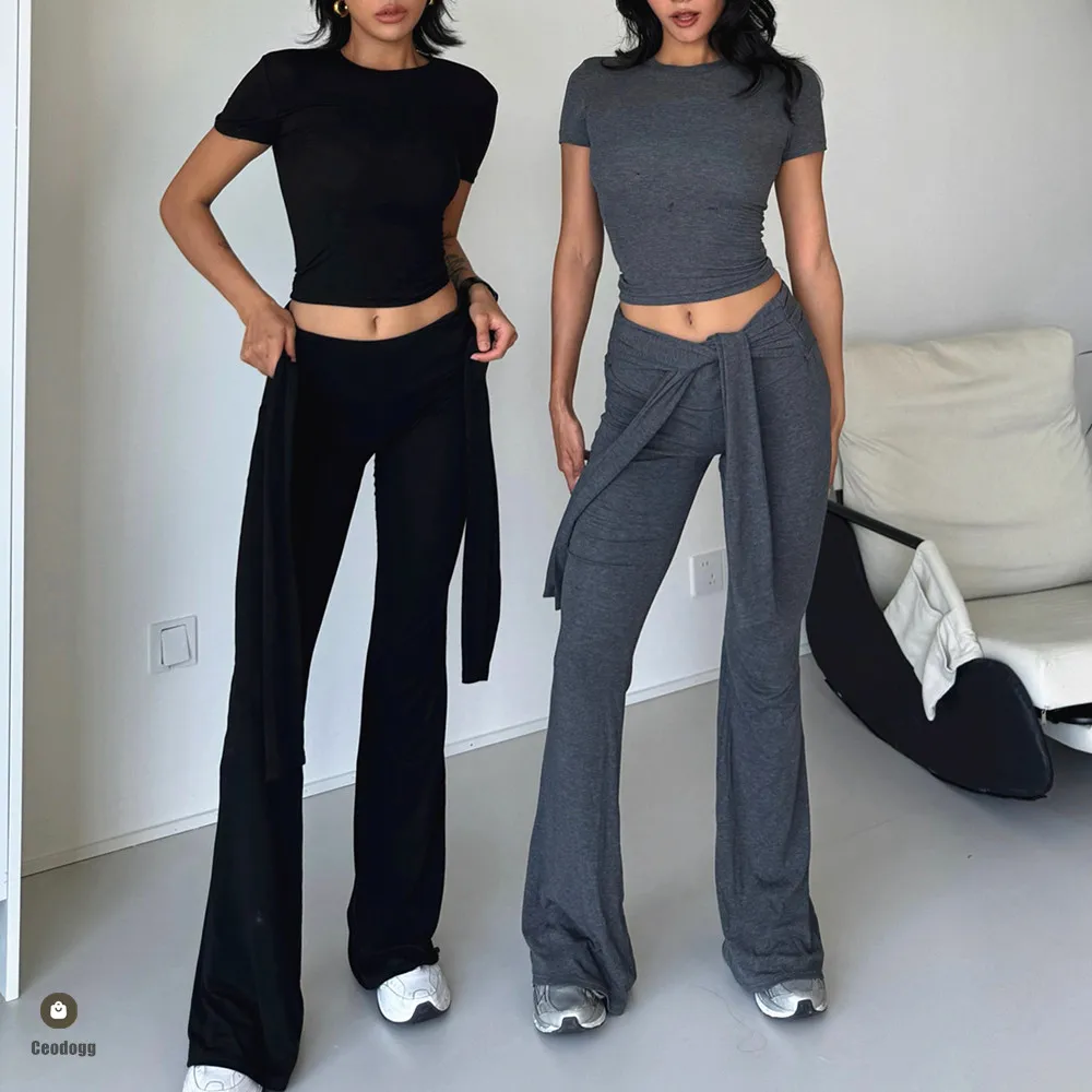 1/2PCS Cotton Women Lounge Yoga Set Short Sleeve Crop Top Shirt Low Rise Flare Workout Leggings Dance Pant Tracksuit Active Wear