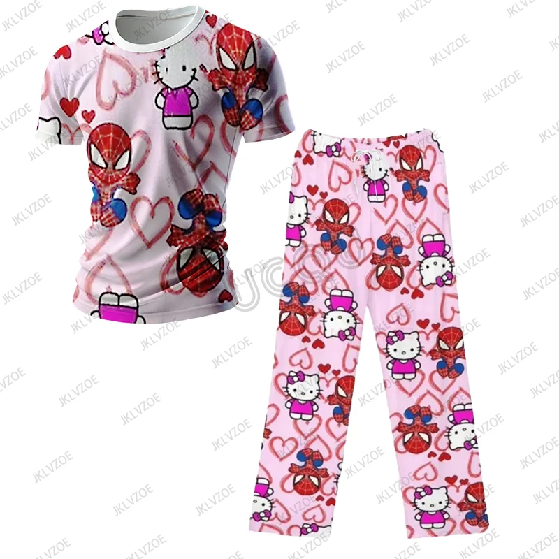 2025 Summer New Spider-Man Hello Kitty Cartoon Men's Tracksuit T Shirt+Trousers Casual Suit Oversized Clothes 2 Piece Set Outfit