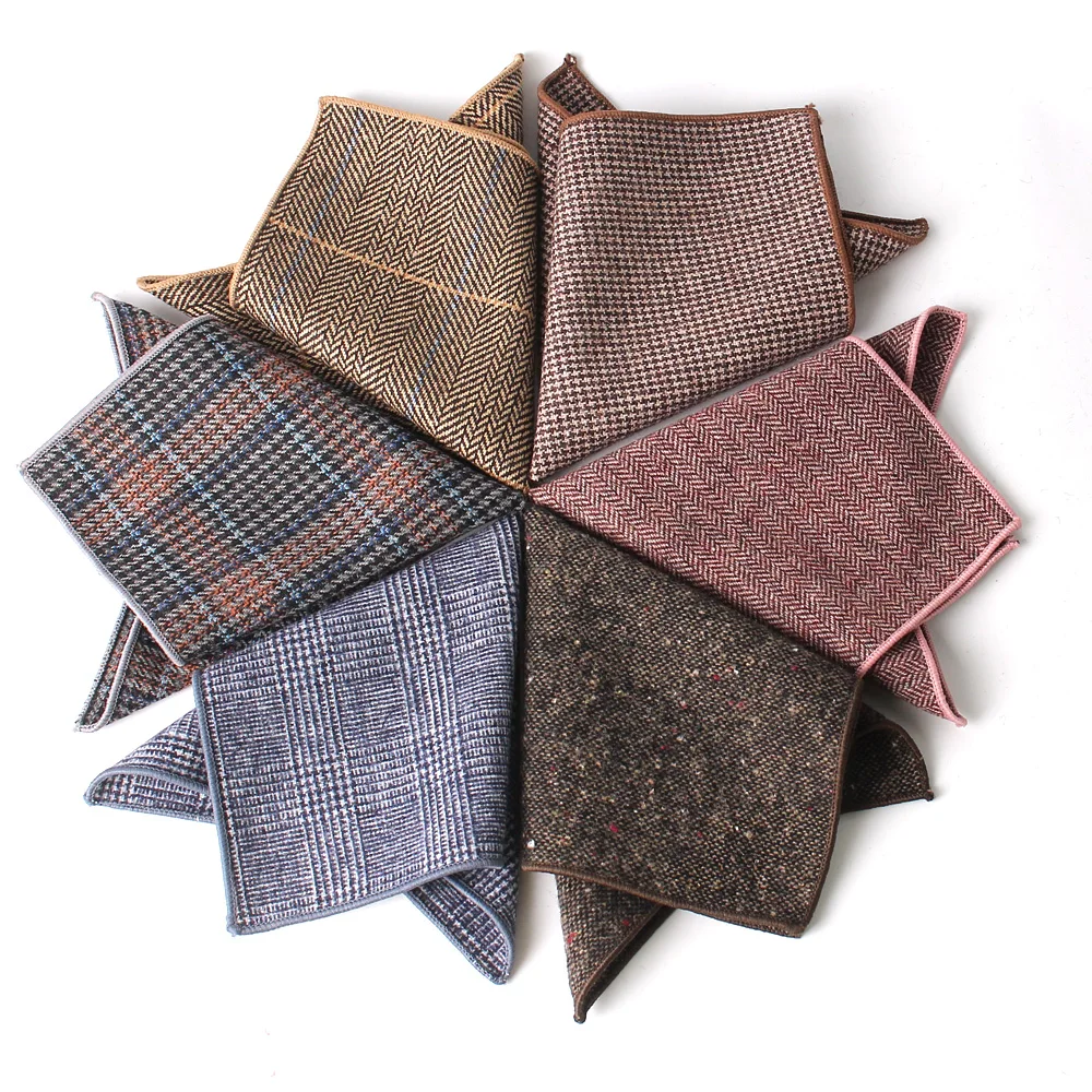 Fashion Wool Handkerchief For Men Suit Woolen Plaid Pocket Square Business Hankies Herringbone pattern Hanky Plaid Pocket Towel