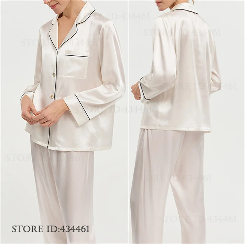 100% Silk Female Pajamas 2Pcs Set Luxury Long Sleeve Trouser Pijamas Suit Elegant Silky Sleepwear Homewear Loose Loungewear