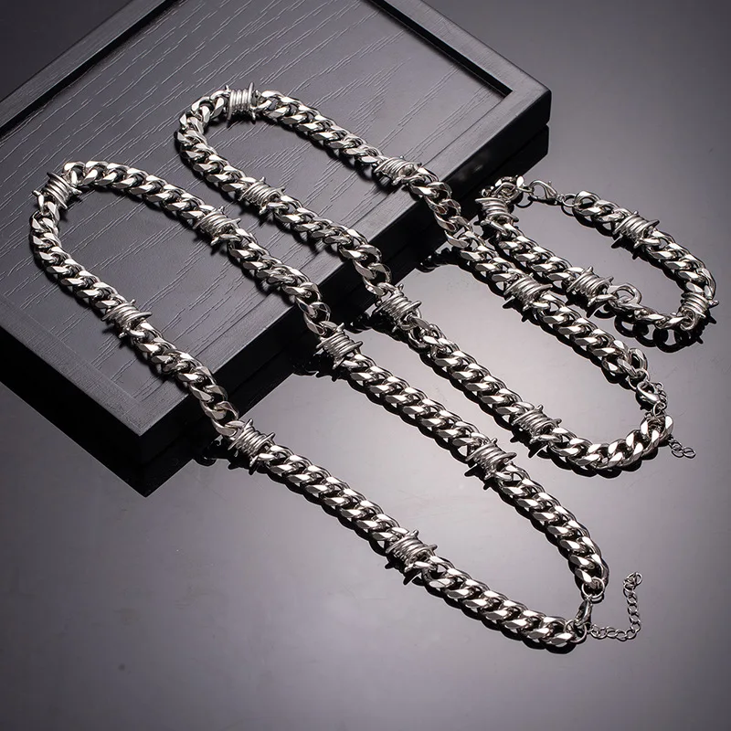 Barbed Wire Bracelet, Cuban Link Chain Necklacefor Men Dad Son, Stainless Steel Gothic Punk Thorns Hand Chain, Hip Hop Jewelry,