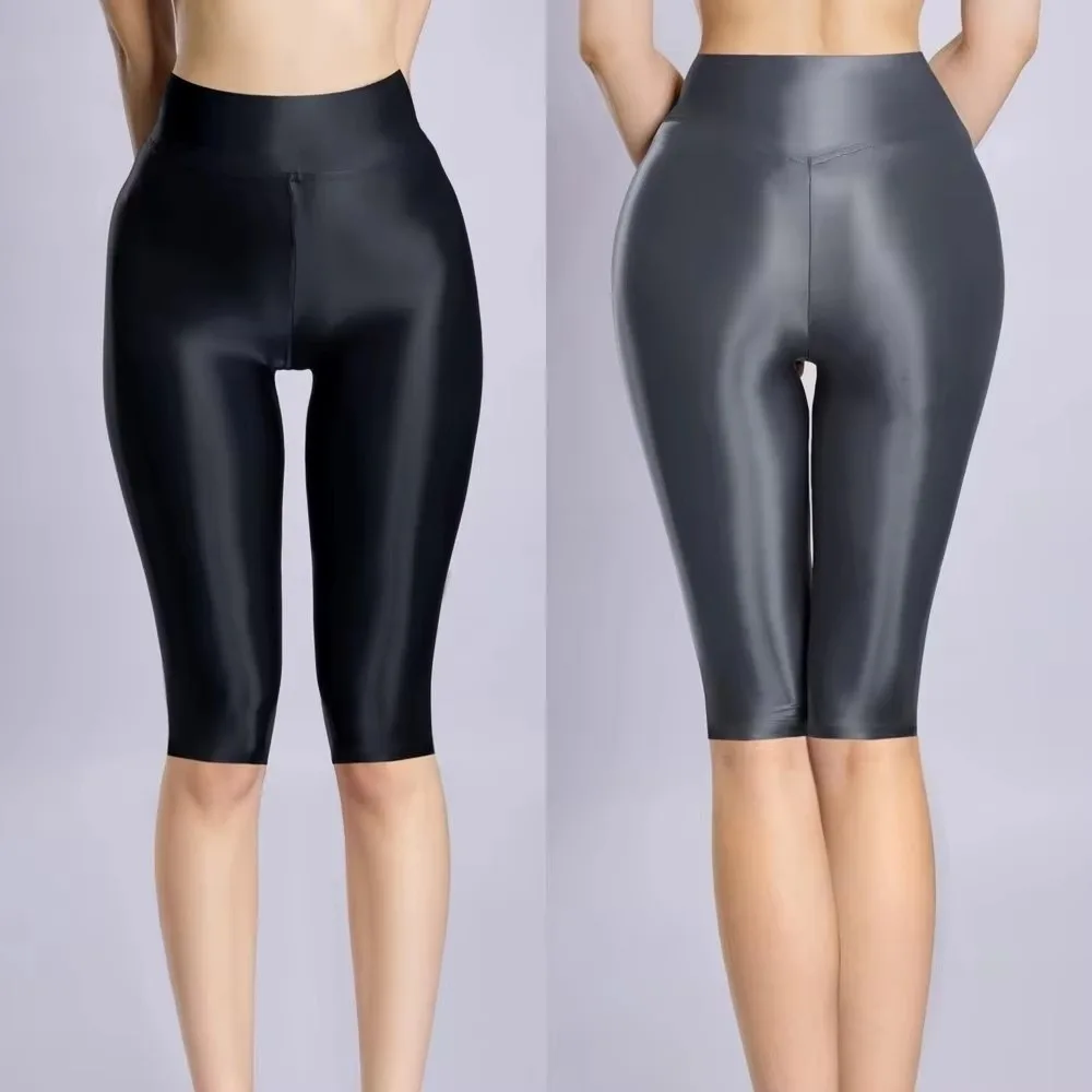 Thin Peach Hip Knee Length Shorts Elastic Shiny Tights Legging Push Up Half Length Cropped Pants For Fitness Joggers