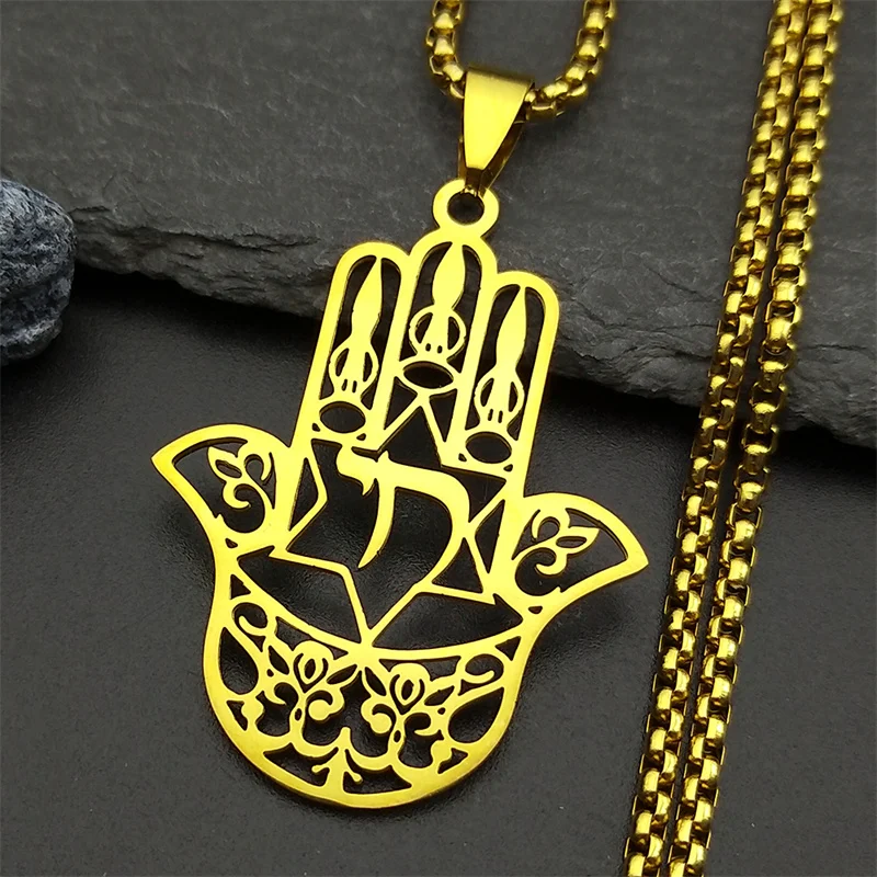 

Hollow Star of David Hamsa Hand Pendant Necklace for Men Women Stainless Steel Gold Color Candlestick Fatima Chain Jewelry Gift