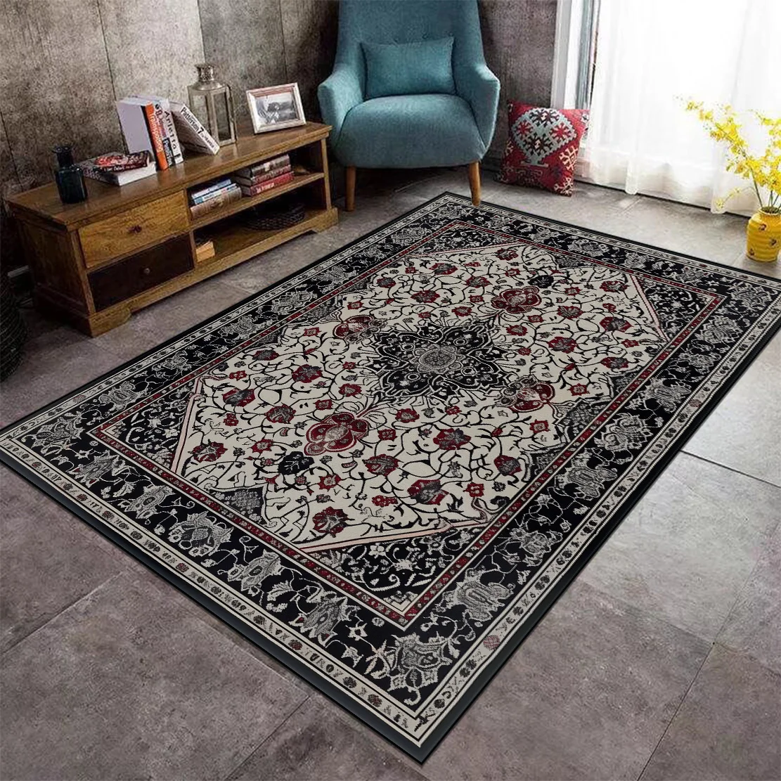 

Black Persian Style Carpet for Rooms Washable Lounge Decorative Rug Absorbent Entrance Door Mat Dining Room Large Size Carpets