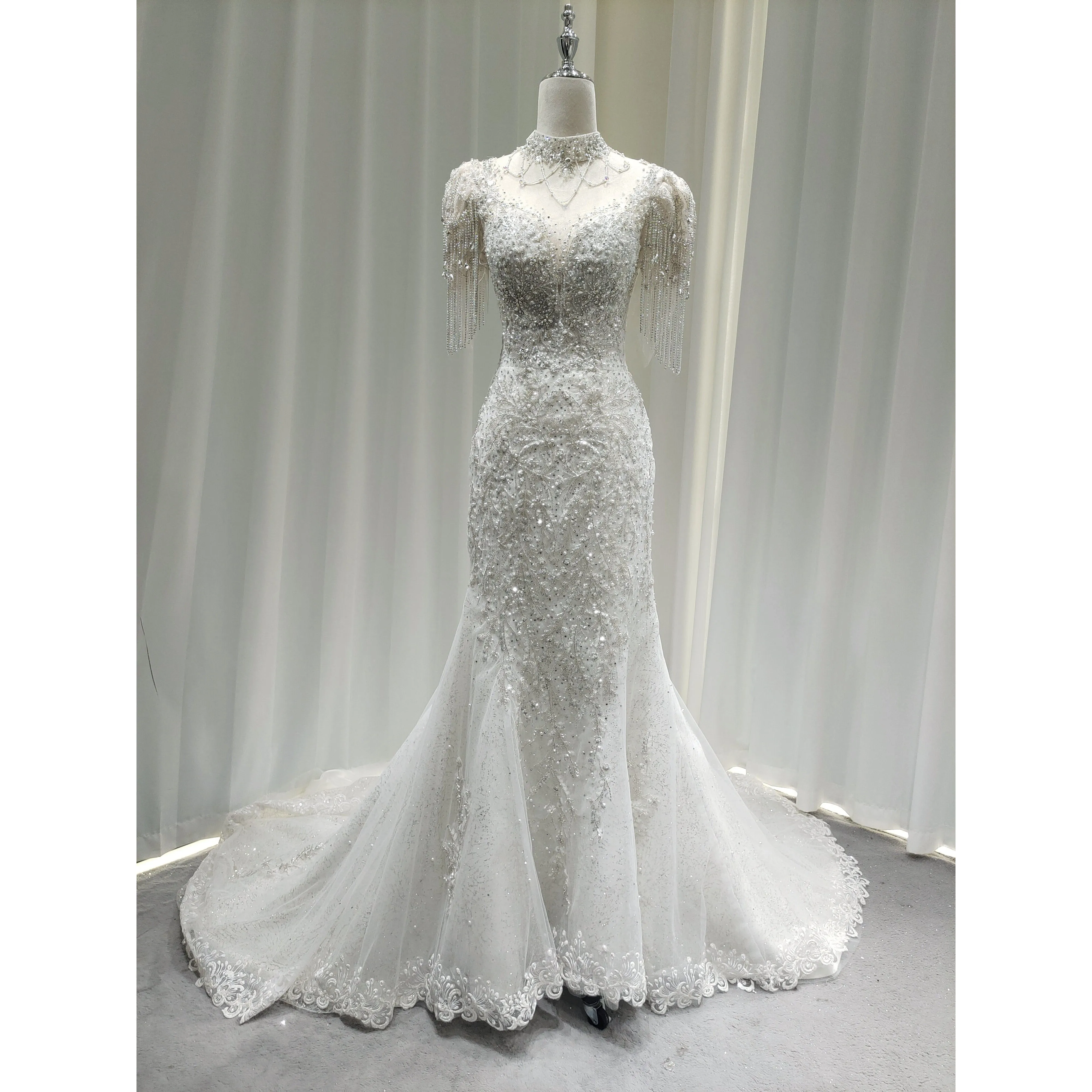Luxury Mermaid Wedding Dress Real Pictures Shining Tulle Floral Applique Edge with Beads Sequins Bridal Gowns L&P DQL Studio