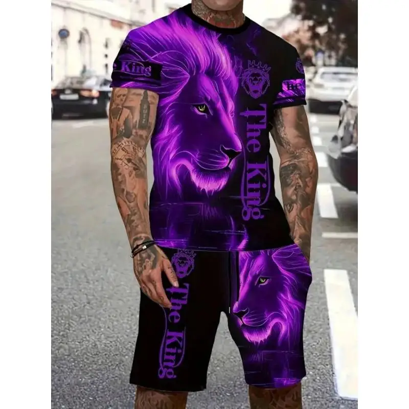 ใหม่สัตว์สิงโต 3D พิมพ์ผู้ชายชุดชายหาดสบายๆ O-คอสั้นเสื้อยืดกางเกงขาสั้นชุดกีฬาผู้ชาย 2 ชิ้นเสื้อผ้า