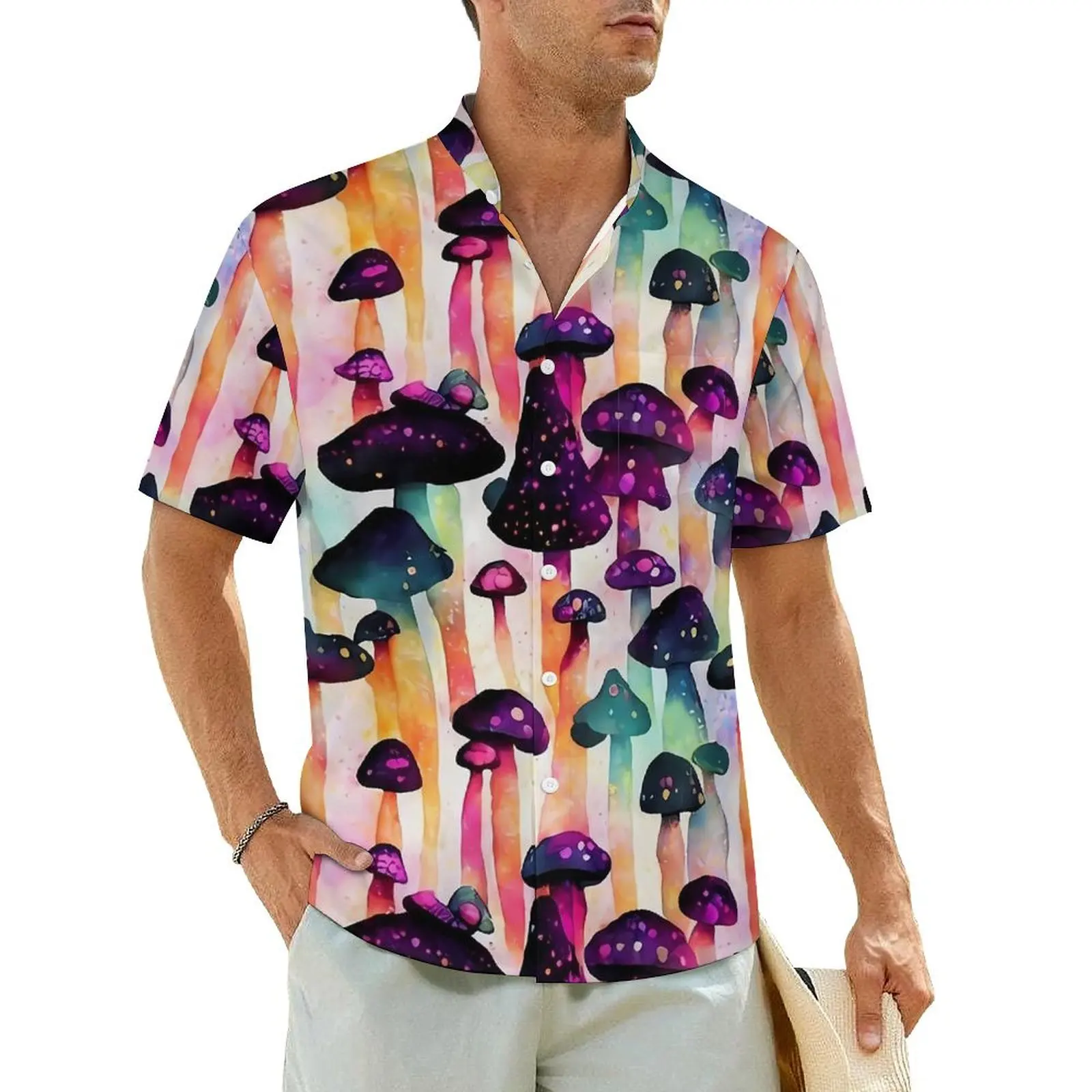 

Rainbow Mushrooms Hawaii Shirt For Male Vacation Colorful Print Casual Shirts Short-Sleeve Comfortable Retro Oversize Blouses