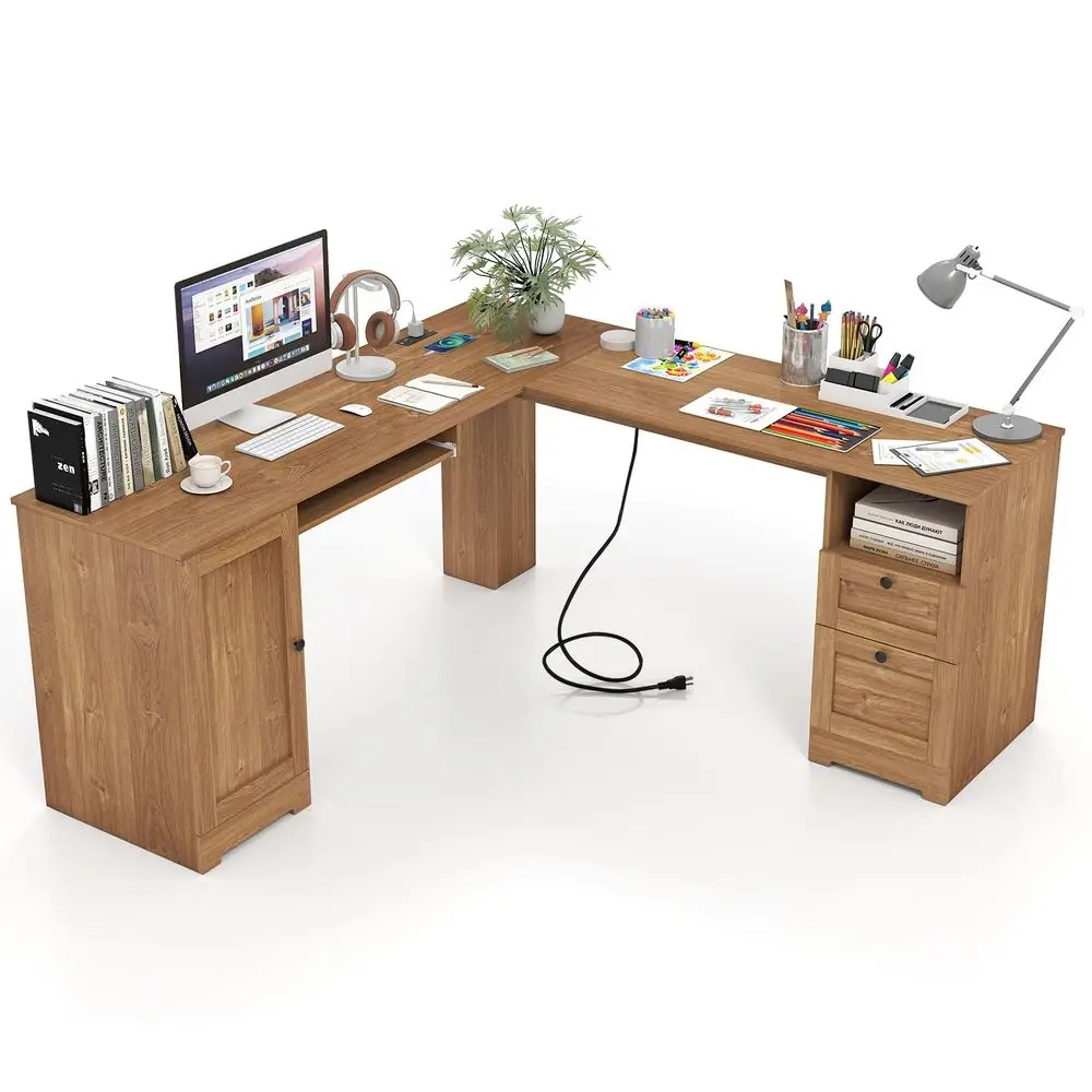 

66 x 66 LShaped Office Desk with Power Outlets, Modern Home Office Computer Desk with 2 Drawers, Cabinet, Adjustable Shelf amp