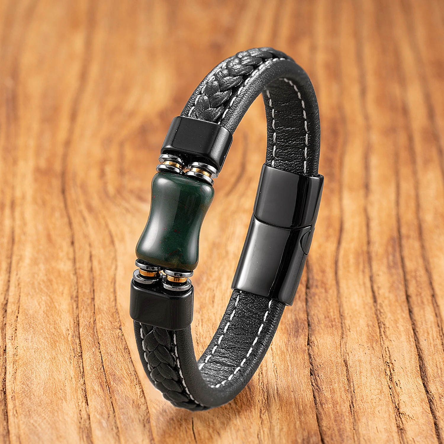 Vintage-Armband aus Achatstein, handgefertigt mit Lederband, einzigartiger Unisex-Boho-Schmuck für den täglichen Gebrauch. – Detail 9