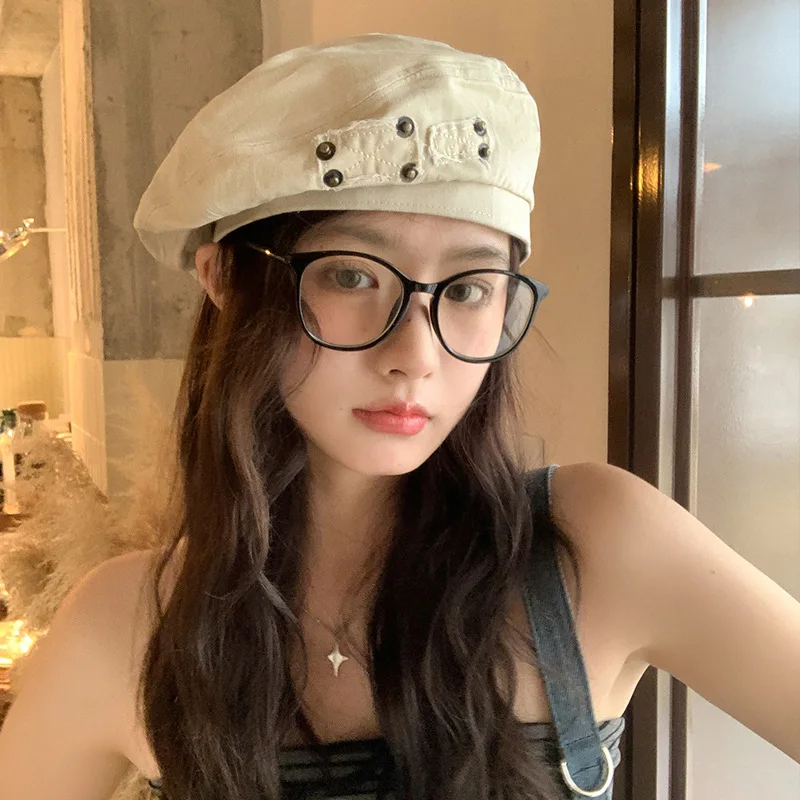 Japanese Cotton Demin Berets Rivet Patch Retro Adjustable Painter Hat Girl Outdoor Casual Literary Artist Cap Birthday Gift