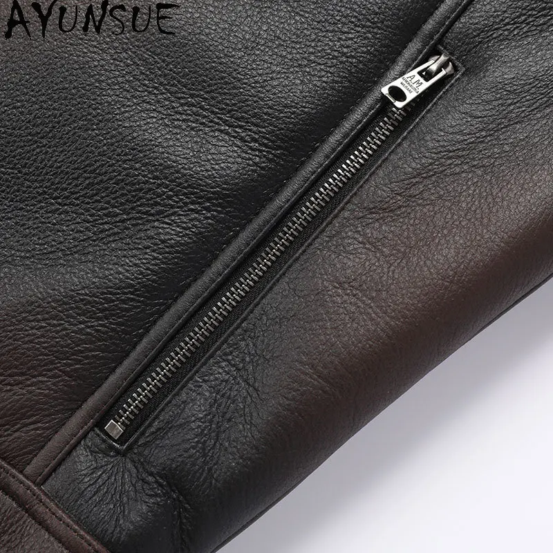 AYUNSUE Men Fur Coat Luxury Genuine Leather Jacket Men Winter Mens Clothing Casual Warm Natural Sheepskin Fur Jacket Hooded