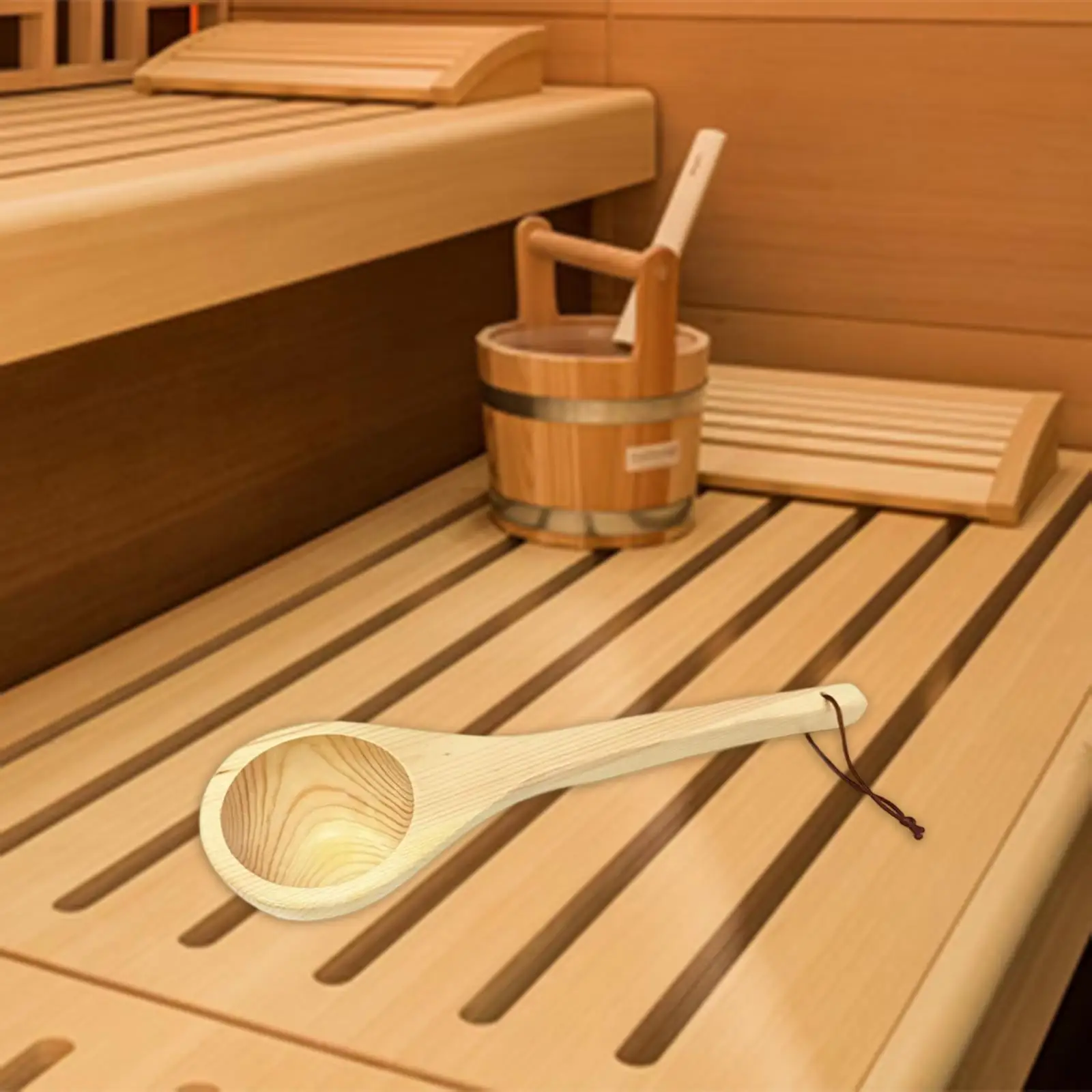 Durable Spruce Wooden Sauna Ladle Scoop with Hanging Rope for Home Spa Public Steam Room Use