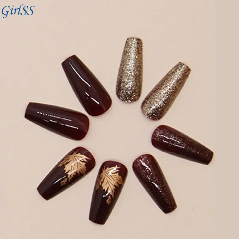 Maple Press On Pack Of 24 Amber Gold Shimmering Finish Flexible Quick Application For Women Event T4MB