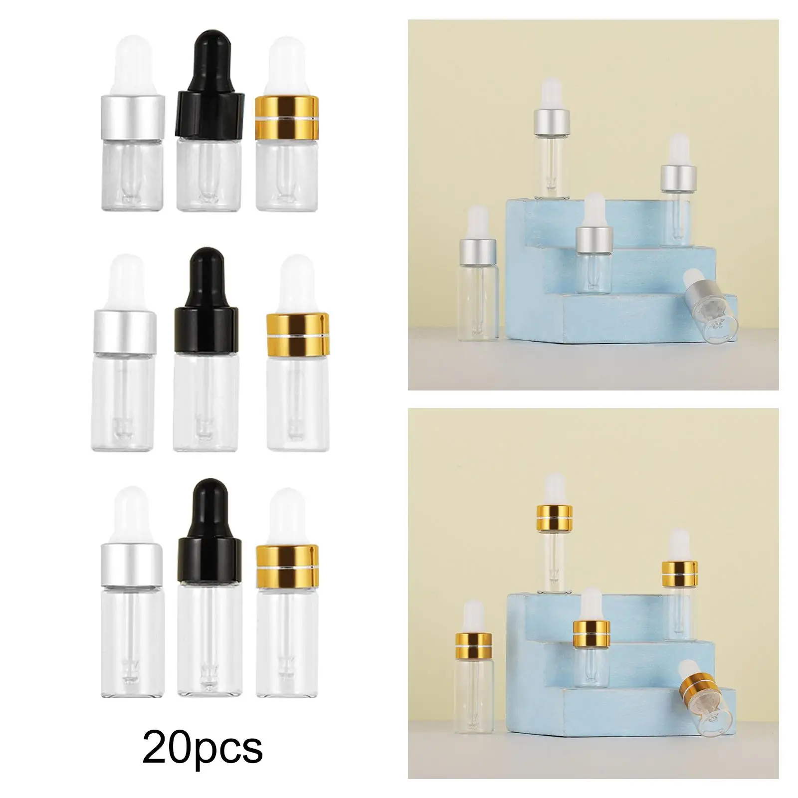 유리 점적기 포함 빈 유리 드로퍼 병 20개 액체 추출물 헤어 오일용 리필 가능 디스펜서 바이알