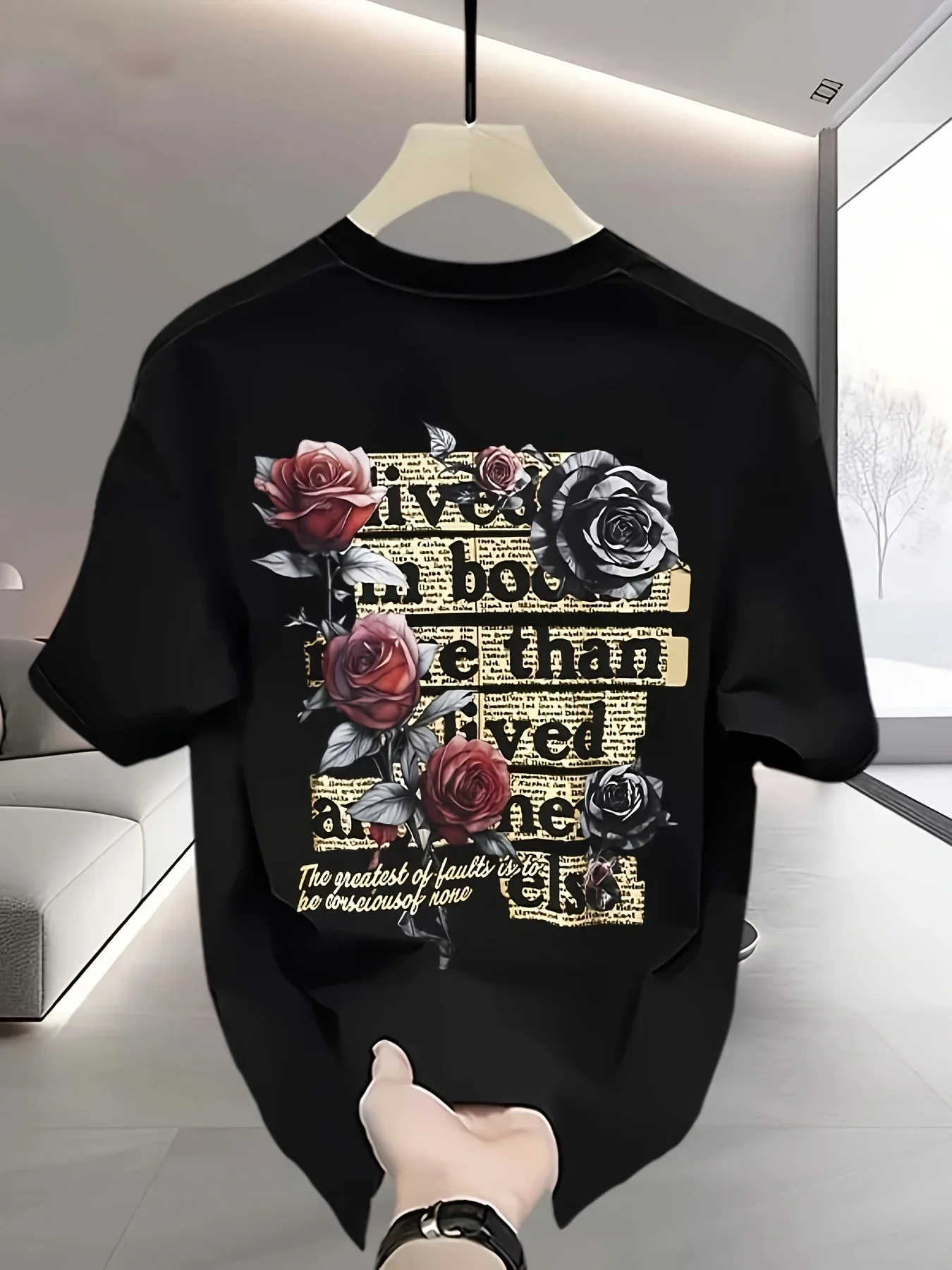 Men's Dark Romance T Shirt Rose Flower Newspaper Graphic Print Vintage Gothic Streetwear Oversized Summer Top