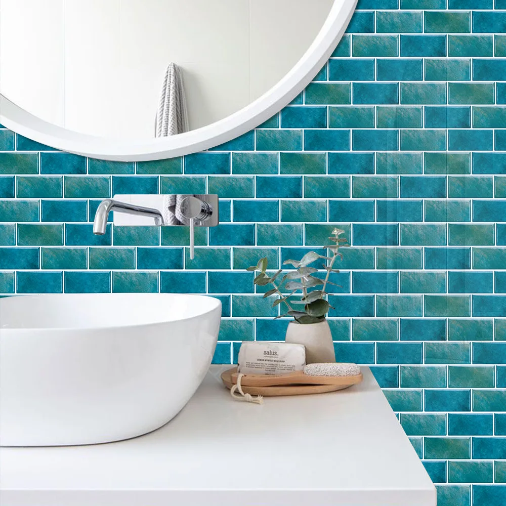 6PCS Blue Marble Pattern 3D Effect Crystal Kitchen Stickers Waterproof Oilproof Kitchen Bathroom Tile Stickers Self-adhesive