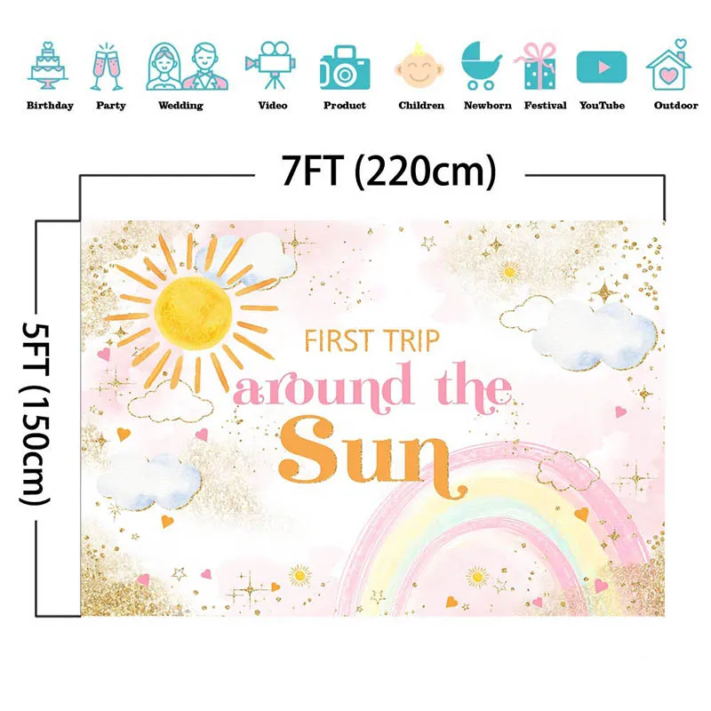 First Trip Around The Sun Backdrop Rainbow Cloud Gold Glitter Newborn First Birthday Baby Shower Background Party Decor Props
