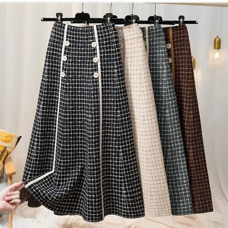 Plaid button knitted skirt high waist women autumn and winter fashion new mid-length large swing a-line skirt midi 2023 Elegance