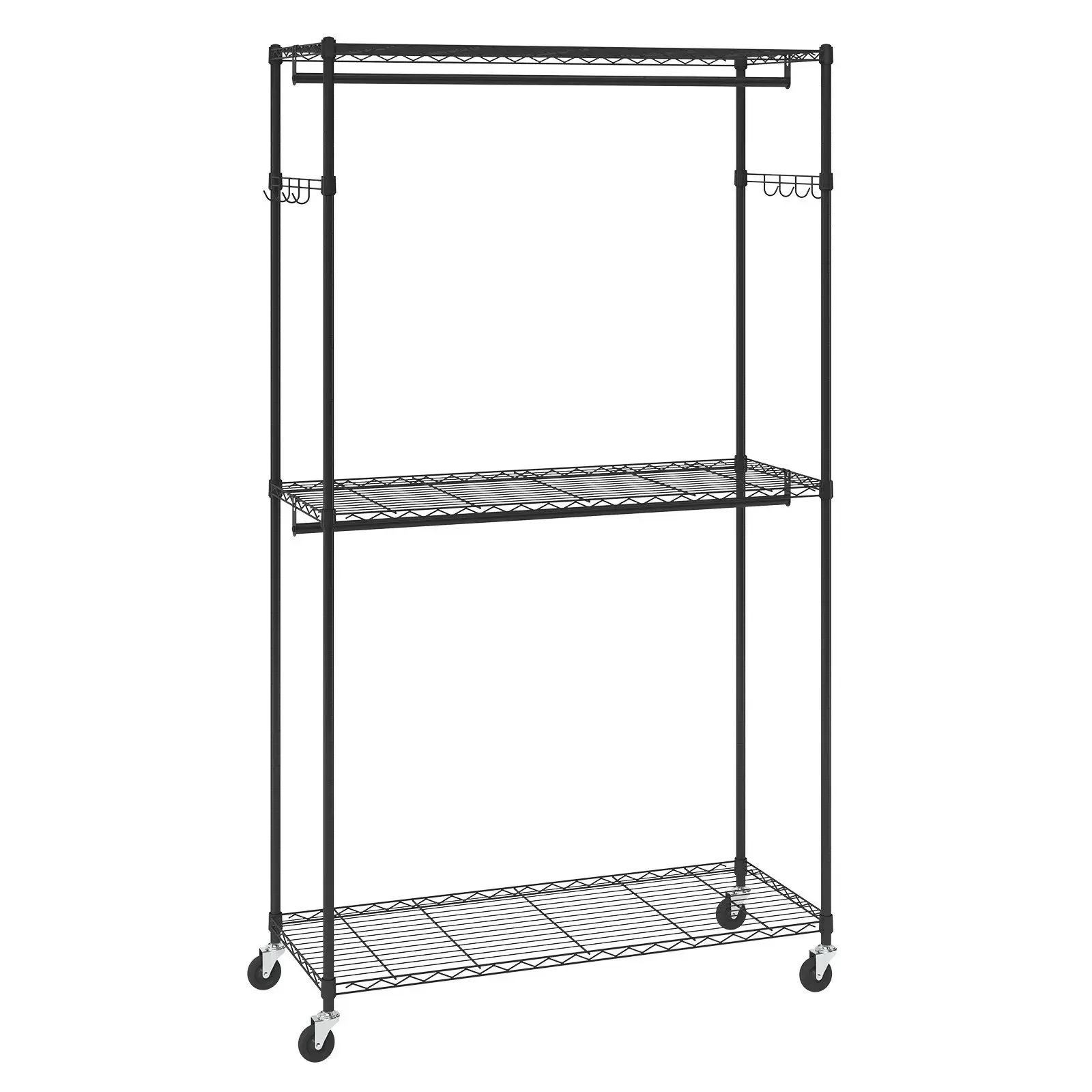 

Heavy-duty rolling clothes rack with 3 shelves, 2 rods, and side hooks. Adjustable height, 400 lb capacity.