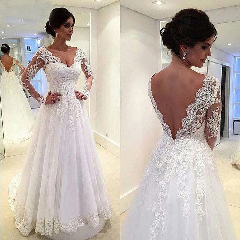 

ANGELSBRIDEP Wedding Dresses A-Line Long Sleeves Vestido De Noiva Sexy V-Neck Applique Court Train Bohemian Bride Dresses