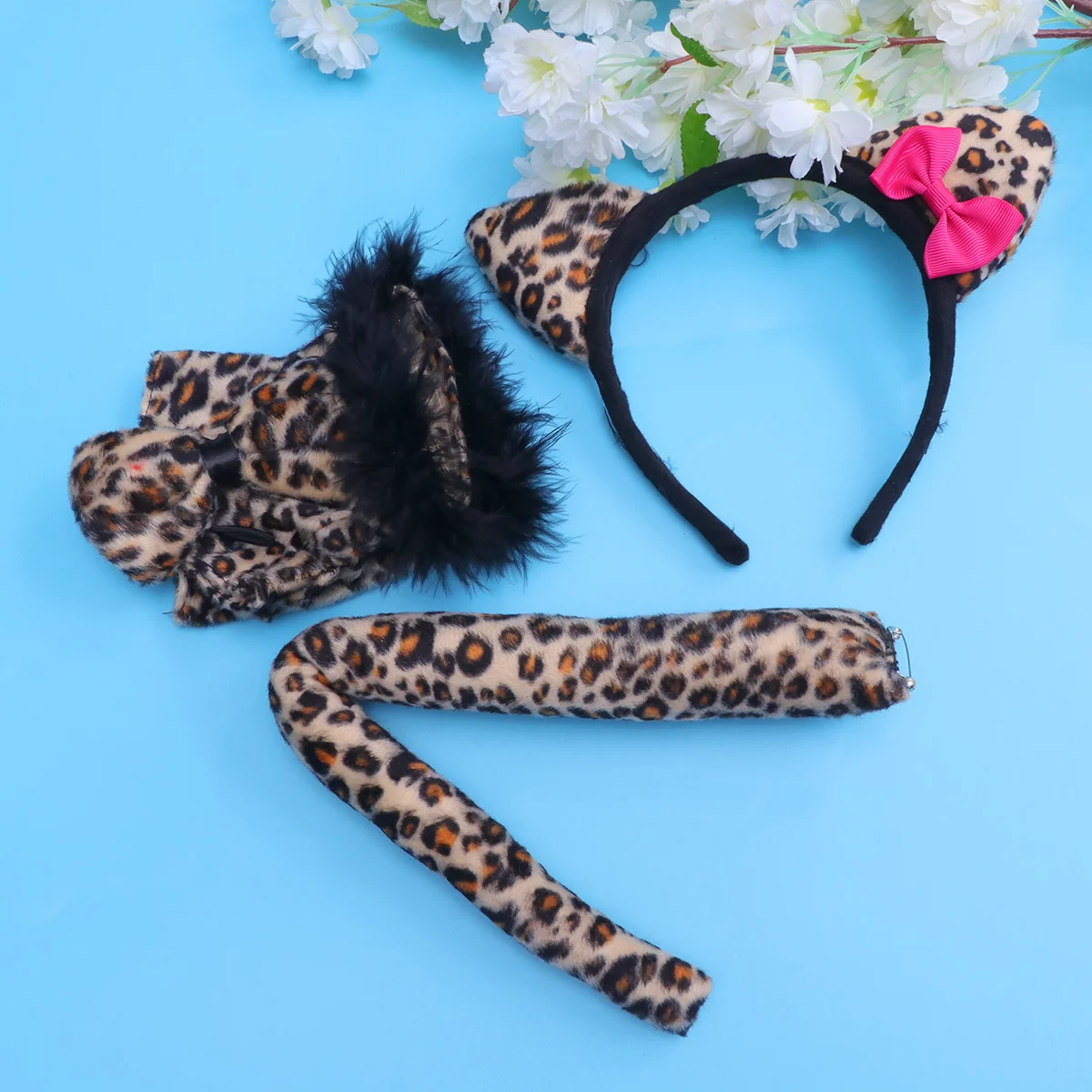 4-częściowy zestaw kostiumowy: opaska z głową leoparda, krawat, rękawiczki, akcesoria do przebrania na imprezę, maskaradę, Halloween, festiwal, cosplay zwierzęcy
