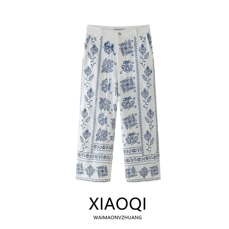 Calças Casuais Fenas de Cintura Alta com Pernas Largas e Estampa Flordada, Nova Chegada Versátil para Moda Fena...