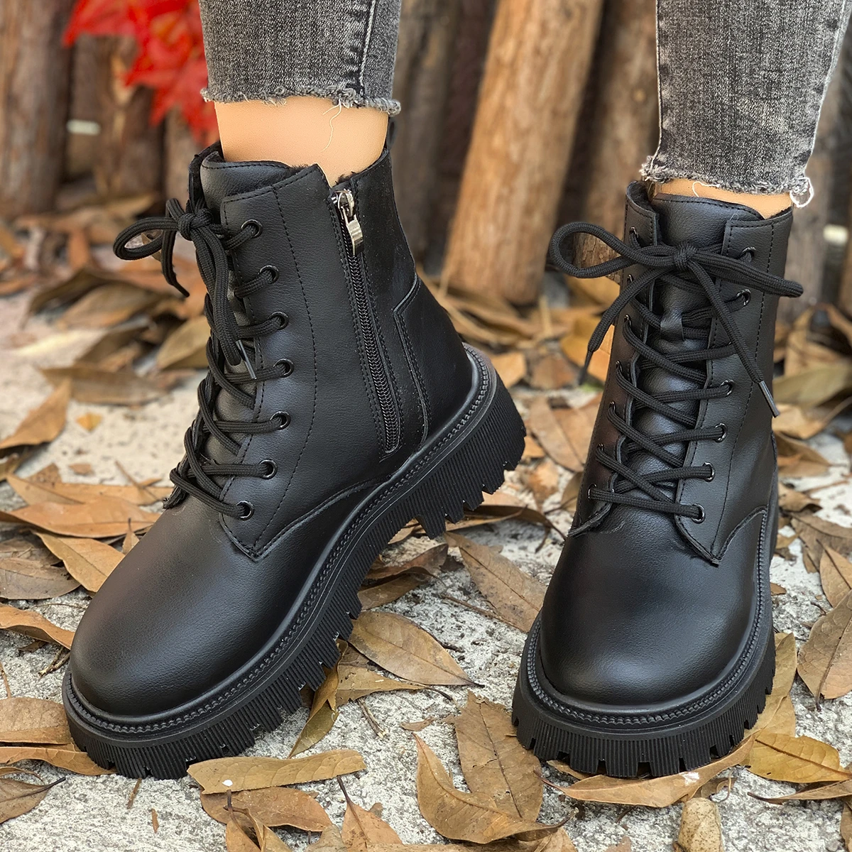 المرأة مبطن دافئ قصير أفخم عارضة الجوارب الشتاء الدانتيل تصميم بو الجلود زائد حجم بلون الأحذية الموضة الكلاسيكية. #1