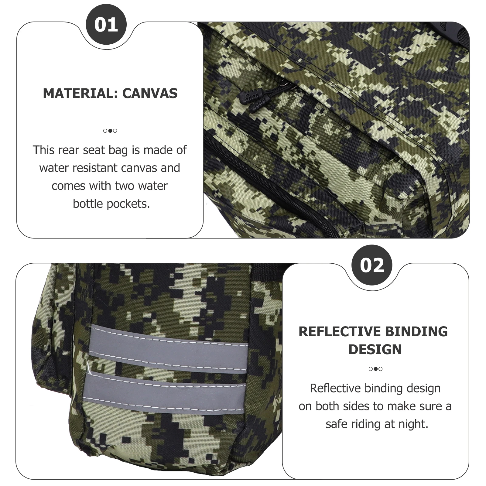

Waterproof Camo Canvas Rear Seat Bag Saddle Trunk Bag for Mountain Cycling Bike Lightweight High Strength Reflective Binding